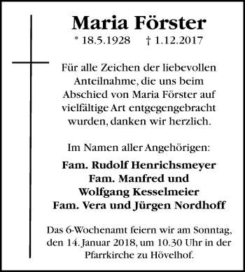 Traueranzeige von Maria Förster von Westfalen-Blatt