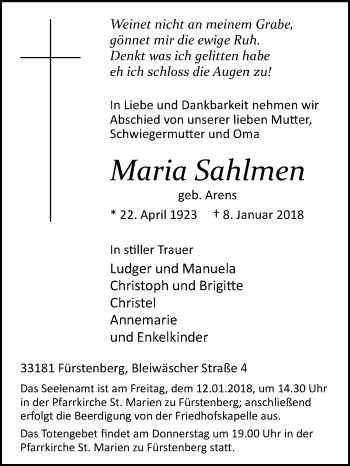 Traueranzeige von Maria Sahlmen von Westfalen-Blatt