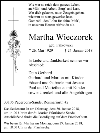 Traueranzeige von Martha Wieczorek von Westfalen-Blatt