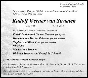 Traueranzeige von Rudolf  Werner van Straaten von Westfalen-Blatt