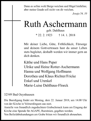 Traueranzeige von Ruth Aschermann von Westfalen-Blatt