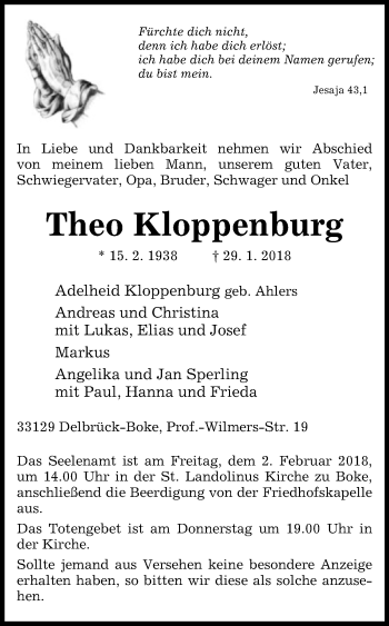 Traueranzeige von Theo Kloppenburg von Westfalen-Blatt