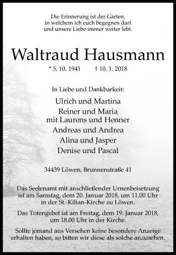 Traueranzeige von Waltraud Hausmann von Westfalen-Blatt