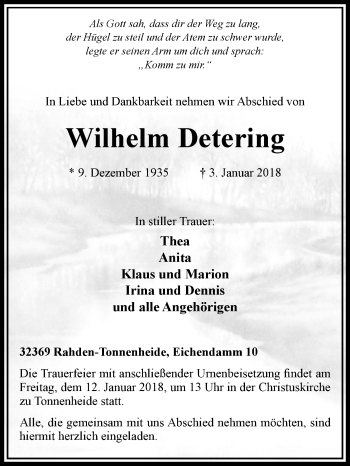 Traueranzeige von Wilhelm Detering von Westfalen-Blatt