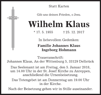 Traueranzeige von Wilhelm Klaus von Westfalen-Blatt