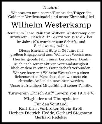 Traueranzeige von Wilhelm Westerkamp von Westfalen-Blatt