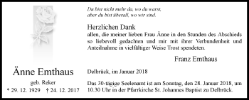 Traueranzeige von Änne Emthaus von Westfalen-Blatt