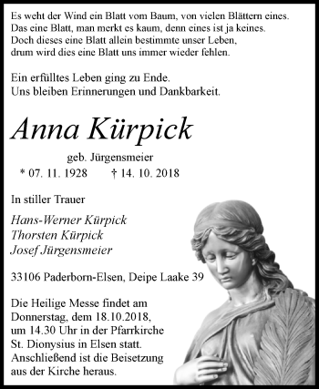 Traueranzeige von Anna Kürpick von Westfalen-Blatt