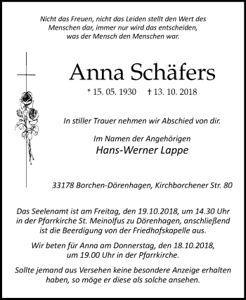 Traueranzeige von Anna Schäfers von Westfalen-Blatt