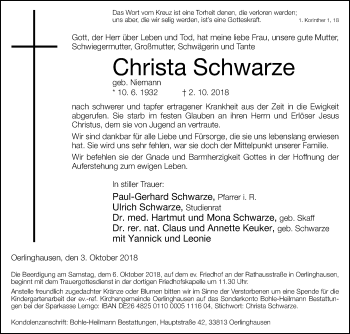 Traueranzeige von Christa Schwarze von Westfalen-Blatt