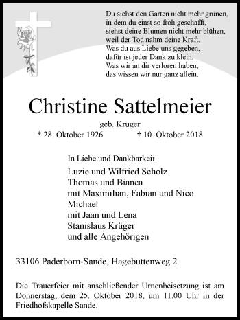 Traueranzeige von Christine Sattelmeier von Westfalen-Blatt