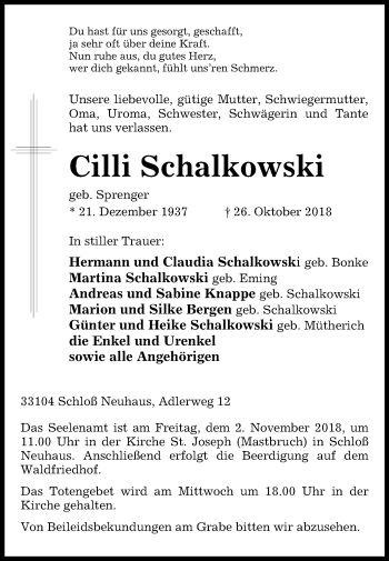 Traueranzeige von Cilli Schalkowski von Westfalen-Blatt