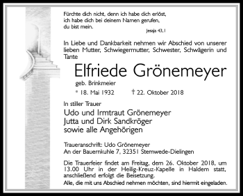 Traueranzeige von Elfriede Grönemeyer von Westfalen-Blatt