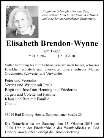 Traueranzeige von Elisabeth Brendon-Wynne von Westfalen-Blatt