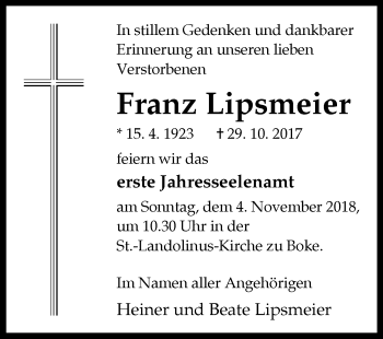 Traueranzeige von Franz Lipsmeier von Westfalen-Blatt