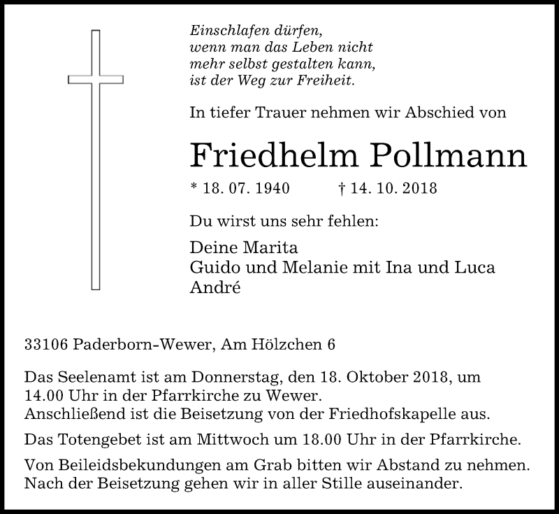  Traueranzeige für Friedhelm Pollmann vom 16.10.2018 aus Westfalen-Blatt