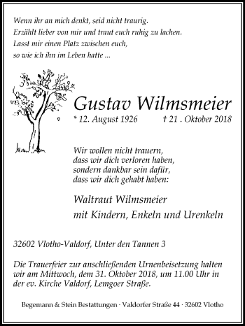 Traueranzeige von Gustav Wilmsmeier von Westfalen-Blatt