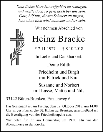 Traueranzeige von Heinz Bracke von Westfalen-Blatt