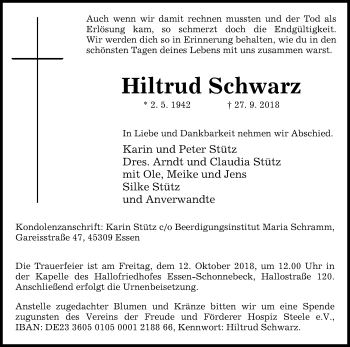 Traueranzeige von Hiltrud Schwarz von Westfalen-Blatt