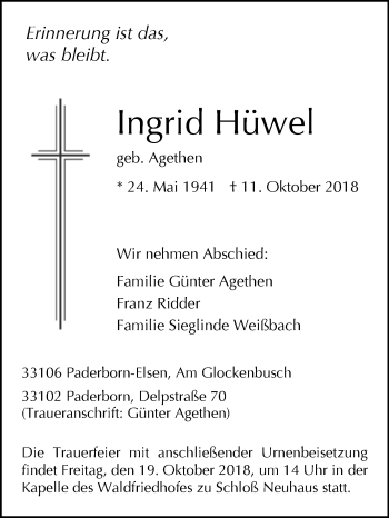 Traueranzeige von Ingrid Hüwel von Westfalen-Blatt