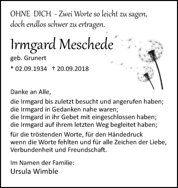 Traueranzeige von Irmgard Meschede von Westfalen-Blatt