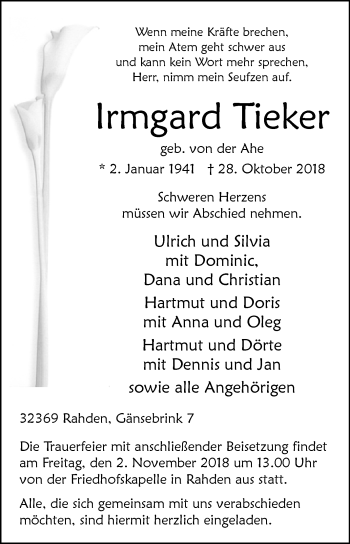 Traueranzeige von Irmgard Tieker von Westfalen-Blatt