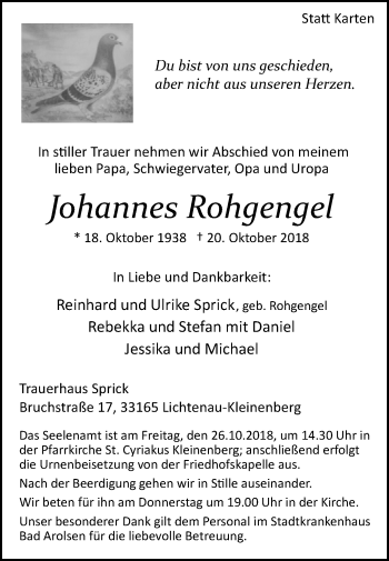 Traueranzeige von Johannes Rohgengel von Westfalen-Blatt