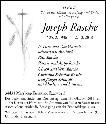 Traueranzeige von Joseph Rasche von Westfalen-Blatt