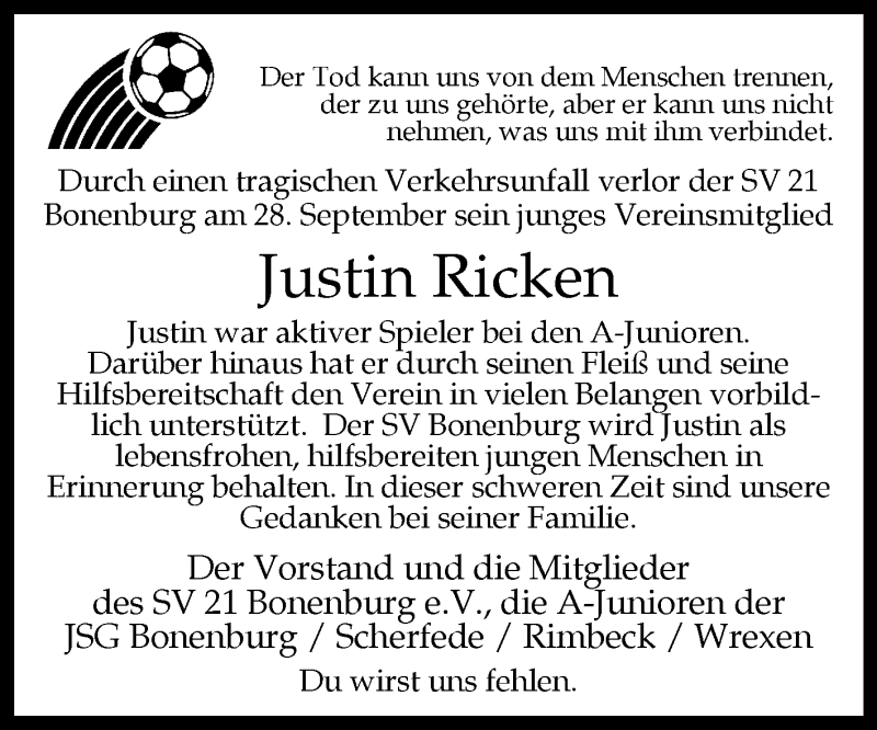  Traueranzeige für Justin Ricken vom 06.10.2018 aus Westfalen-Blatt