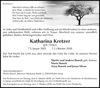 Traueranzeige von Katharina Kretzer von Westfalen-Blatt