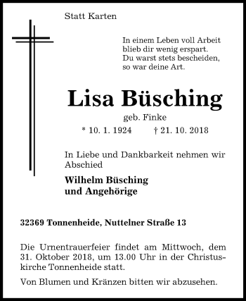 Traueranzeige von Lisa Büsching von Westfalen-Blatt