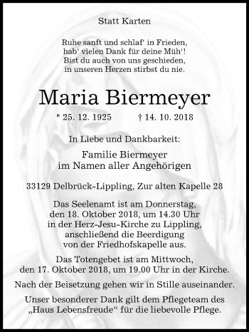 Traueranzeige von Maria Biermeyer von Westfalen-Blatt