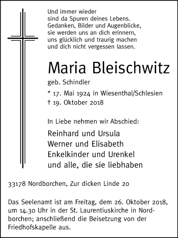 Traueranzeige von Maria Bleischwitz von Westfalen-Blatt