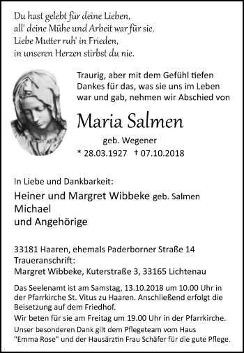 Traueranzeige von Maria Salmen von Westfalen-Blatt