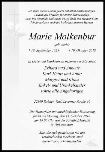 Traueranzeige von Marie Molkenbur von Westfalen-Blatt