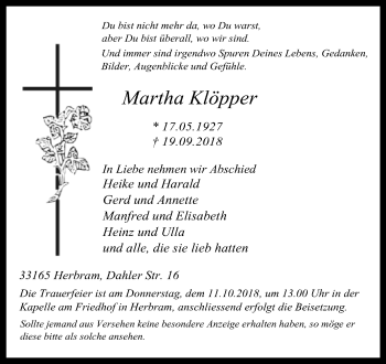 Traueranzeige von Martha Klöpper von Westfalen-Blatt