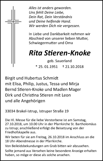 Traueranzeige von Rita Stieren-Knoke von Westfalen-Blatt