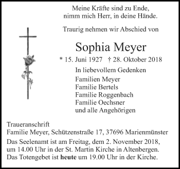 Traueranzeige von Sophia Meyer von Westfalen-Blatt