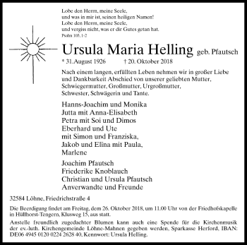 Traueranzeige von Ursula Maria Helling von Westfalen-Blatt