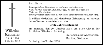 Traueranzeige von Wilhelm Keimeier von Westfalen-Blatt