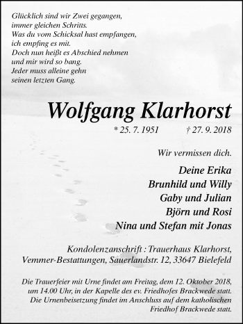 Traueranzeige von Wolfgang Klarhorst von Westfalen-Blatt