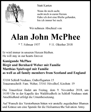 Traueranzeige von Alan John McPhee von Westfalen-Blatt