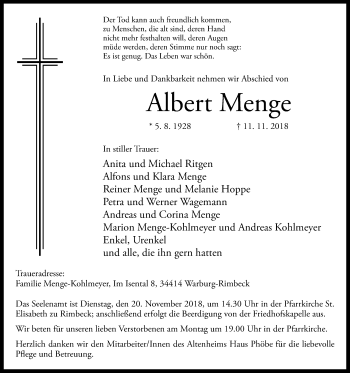 Traueranzeige von Albert Menge von Westfalen-Blatt