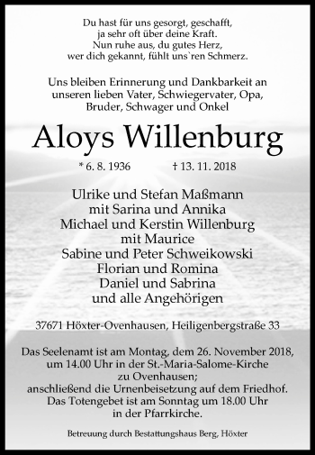 Traueranzeige von Aloys Willenburg von Westfalen-Blatt