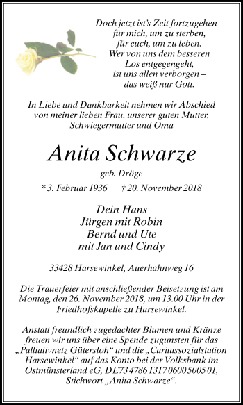 Traueranzeige von Anita Schwarze von Westfalen-Blatt