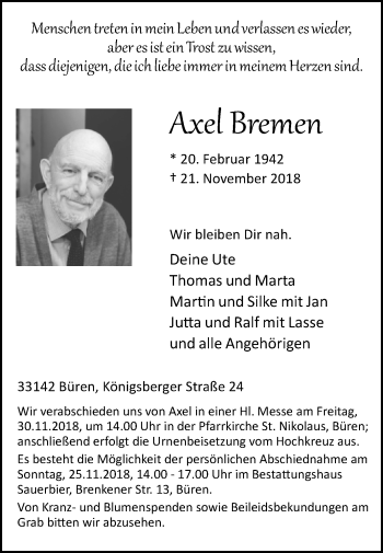 Traueranzeige von Axel Bremen von Westfalen-Blatt