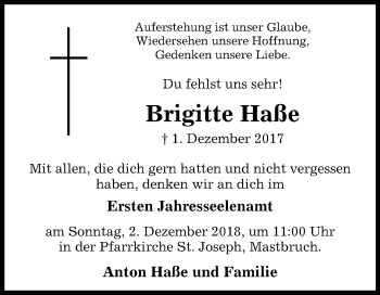 Traueranzeige von Brigitte Haße von Westfalen-Blatt