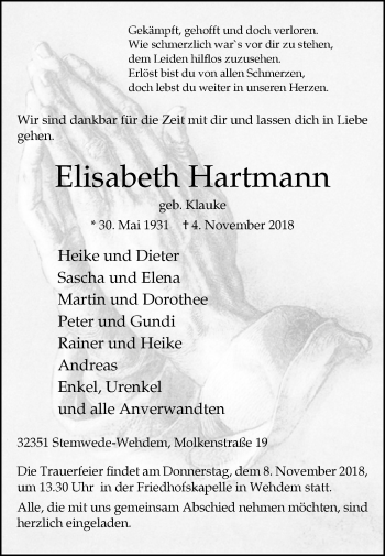 Traueranzeige von Elisabeth Hartmann von Westfalen-Blatt