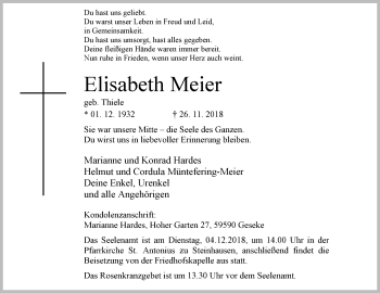 Traueranzeige von Elisabeth Meier von Westfalen-Blatt