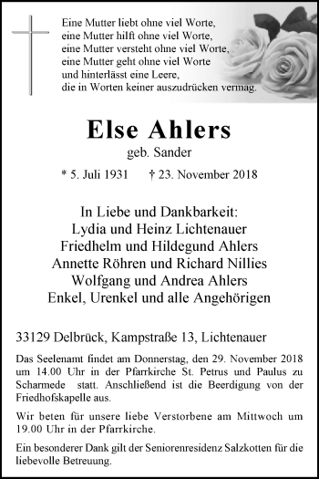 Traueranzeige von Else Ahlers von Westfalen-Blatt